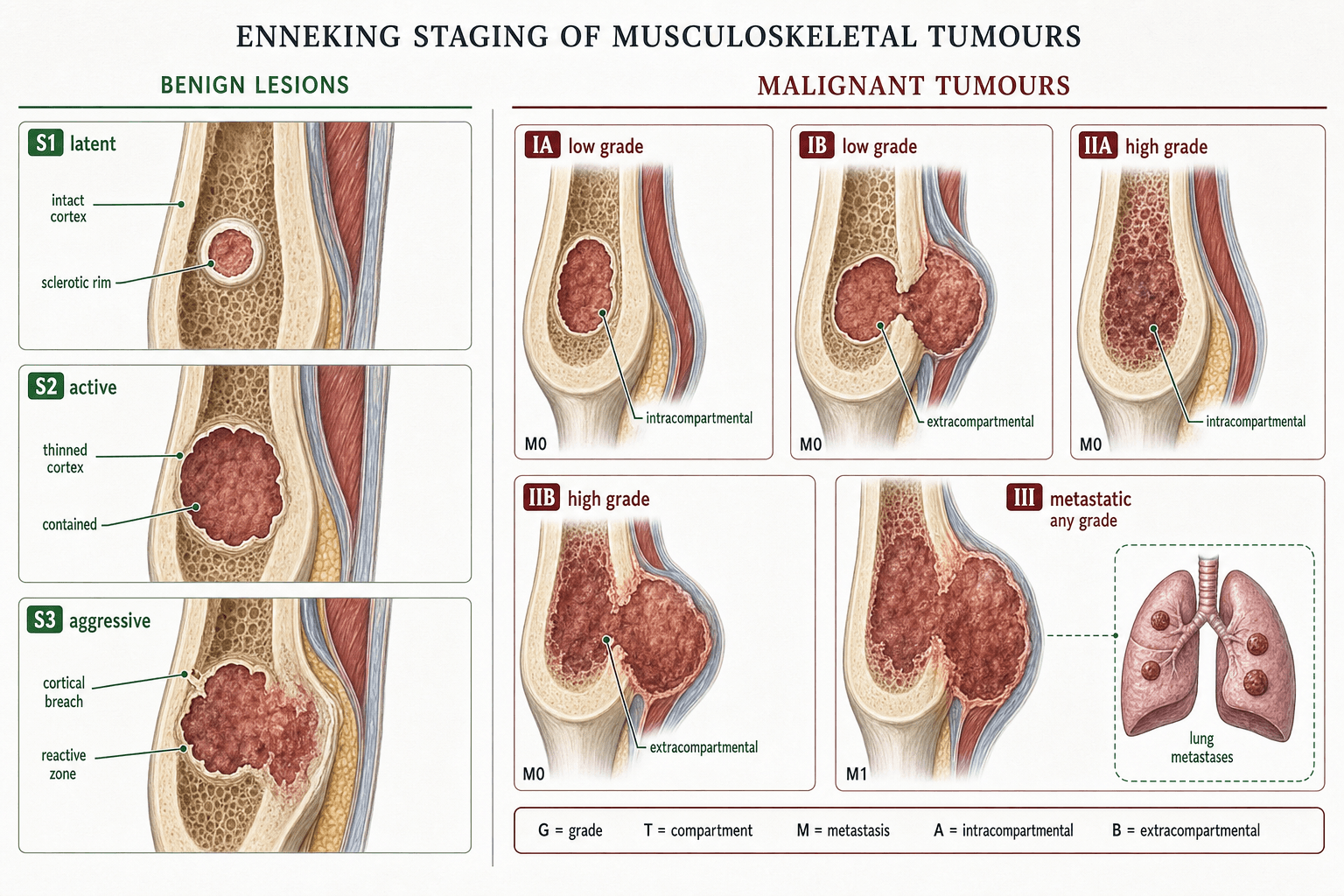 Enneking surgical staging of musculoskeletal tumours: benign 1-3, malignant IA/IB/IIA/IIB/III