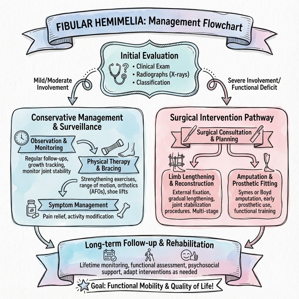 Fibular Hemimelia Treatment Algorithm - Illustrated medical sketchnote style
