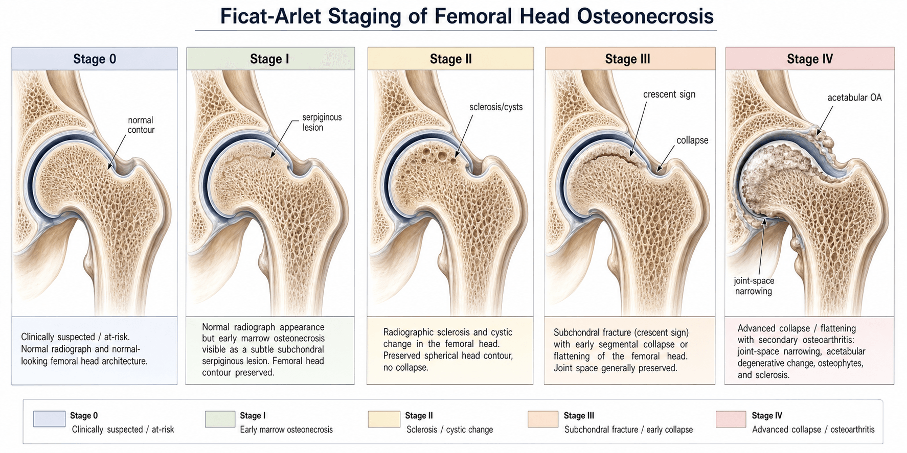 Ficat-Arlet staging of femoral head AVN: 0 preclinical, I normal X-ray, II sclerosis/cysts, III crescent/collapse, IV joint OA