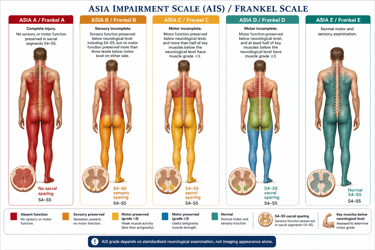 ASIA Impairment Scale grades A to E, each with a body figure showing the preserved sensory and motor function and the sacral-sparing status