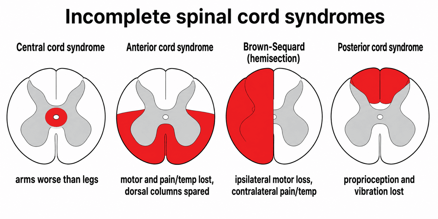 Four spinal cord cross-sections showing the damaged region in central cord, anterior cord, Brown-Séquard and posterior cord syndromes.