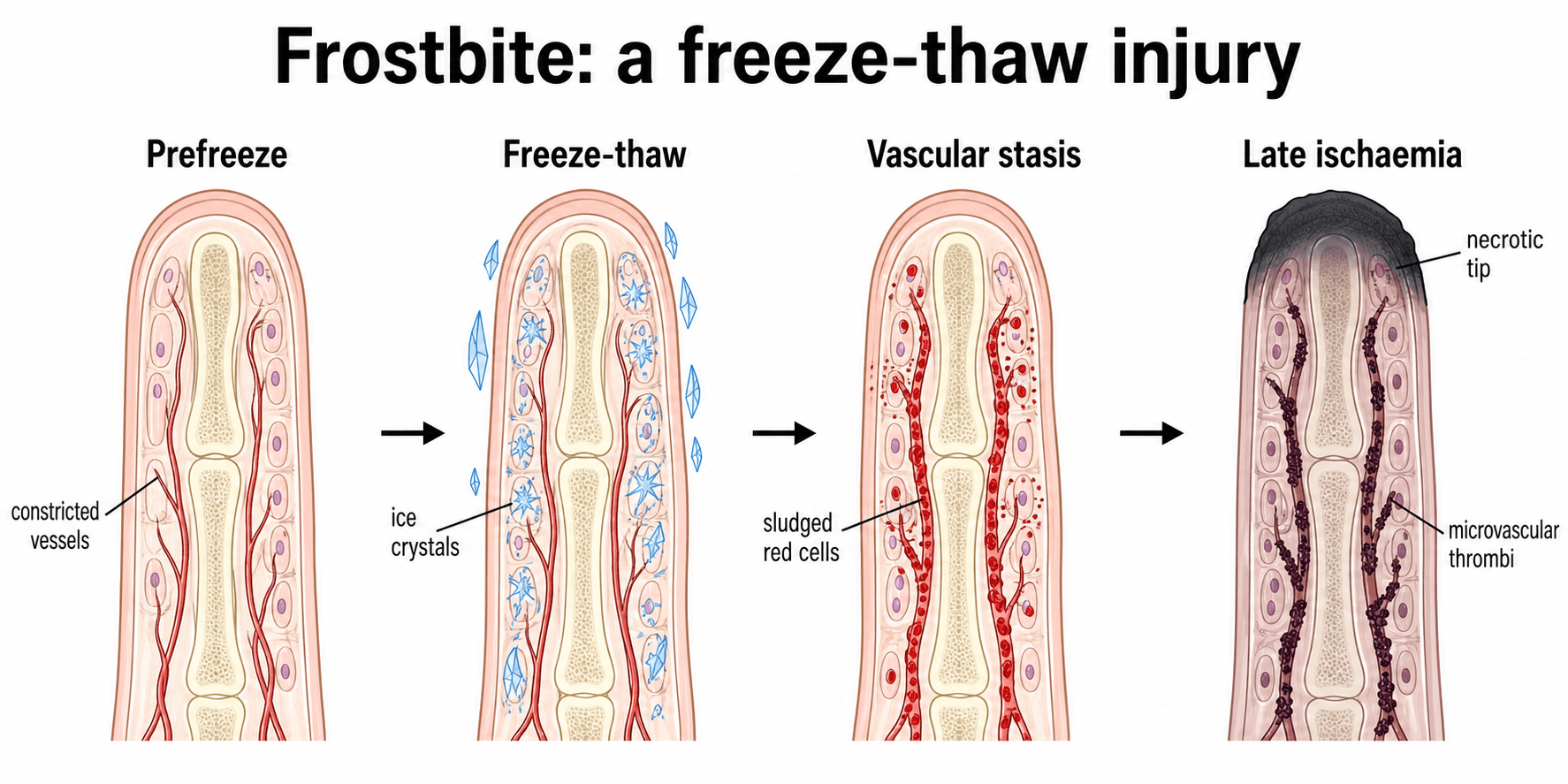Four-panel schematic of a finger showing the sequential phases of frostbite: prefreeze vasoconstriction, ice-crystal formation, vascular stasis, and late ischaemia with microvascular thrombosis and distal necrosis.