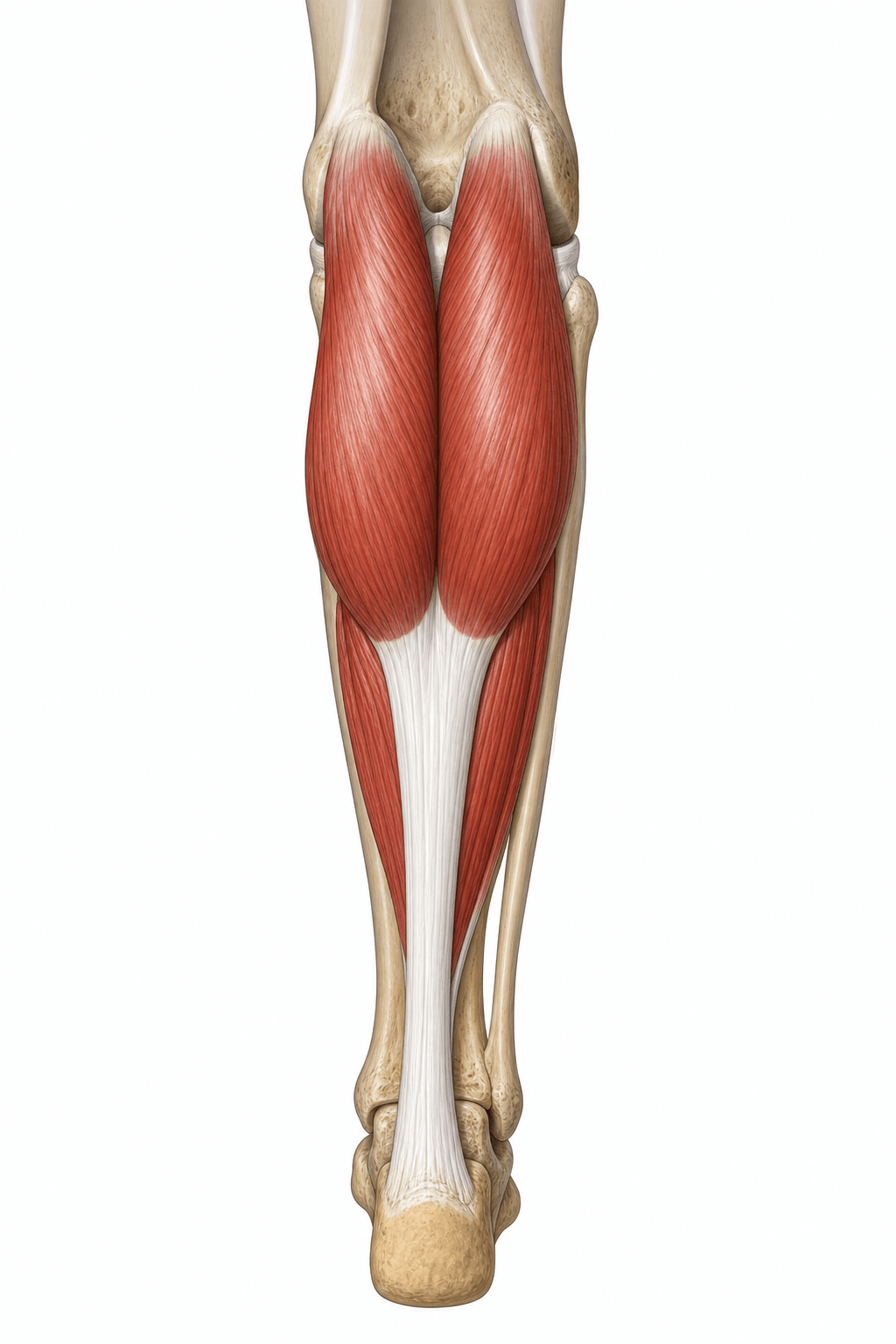 Posterior leg anatomy illustration showing the biarticular gastrocnemius crossing the knee and ankle and the soleus joining to form the Achilles tendon.