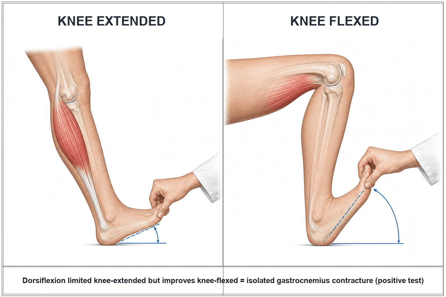 Two-panel illustration of the Silfverskiöld test: knee extended with limited ankle dorsiflexion versus knee flexed with improved dorsiflexion.