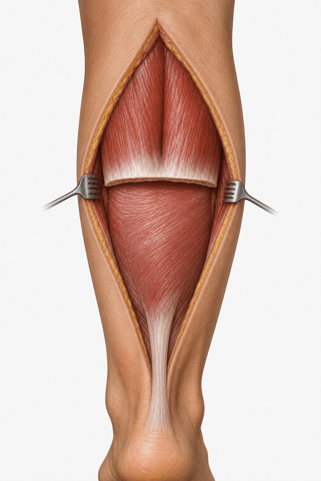 Surgical management illustration: a Strayer gastrocnemius recession, the operative treatment releasing the gastrocnemius aponeurosis at the musculotendinous junction.