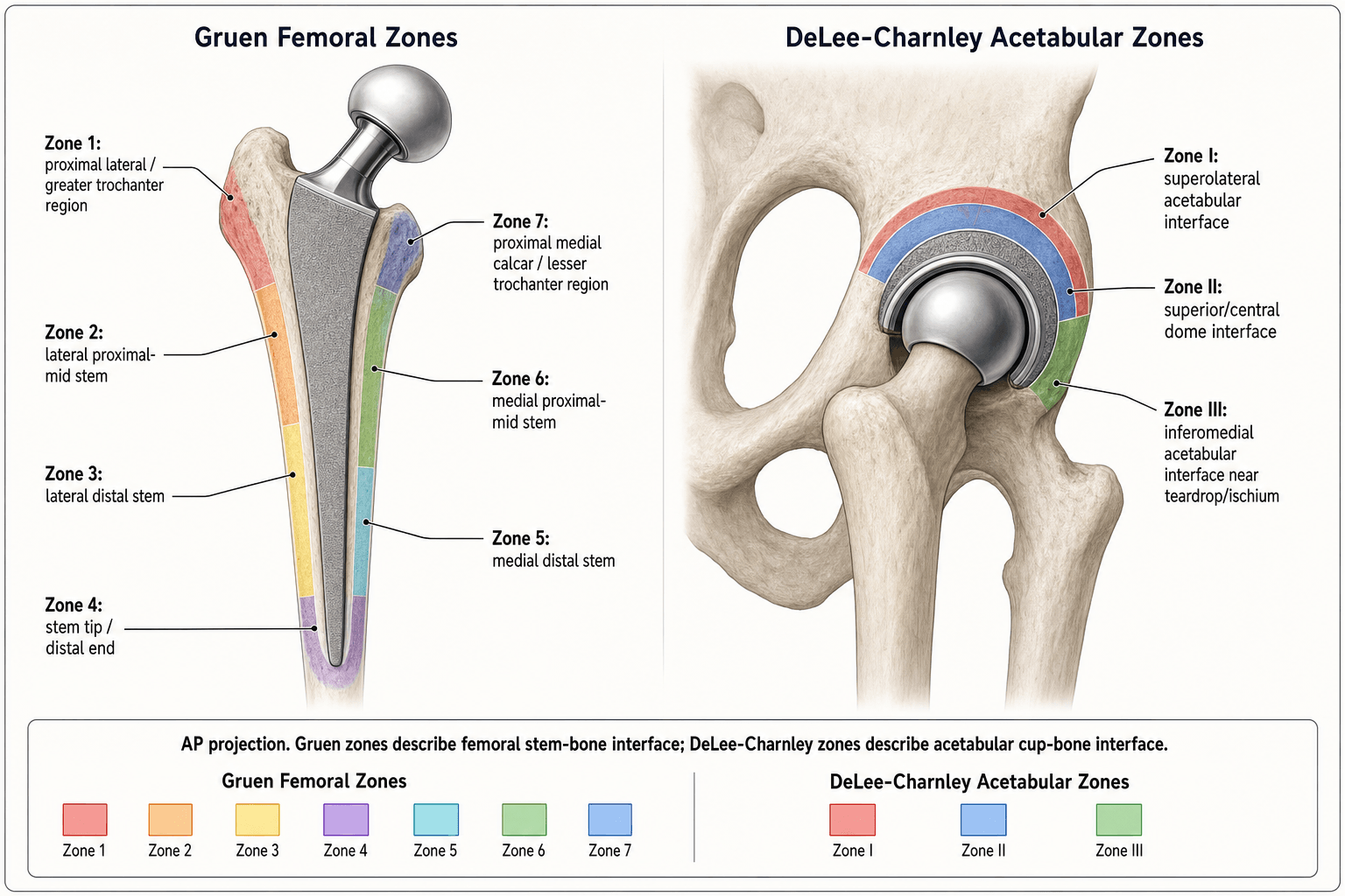 Gruen Zones (Femoral) and DeLee-Charnley Zones (Acetabular)