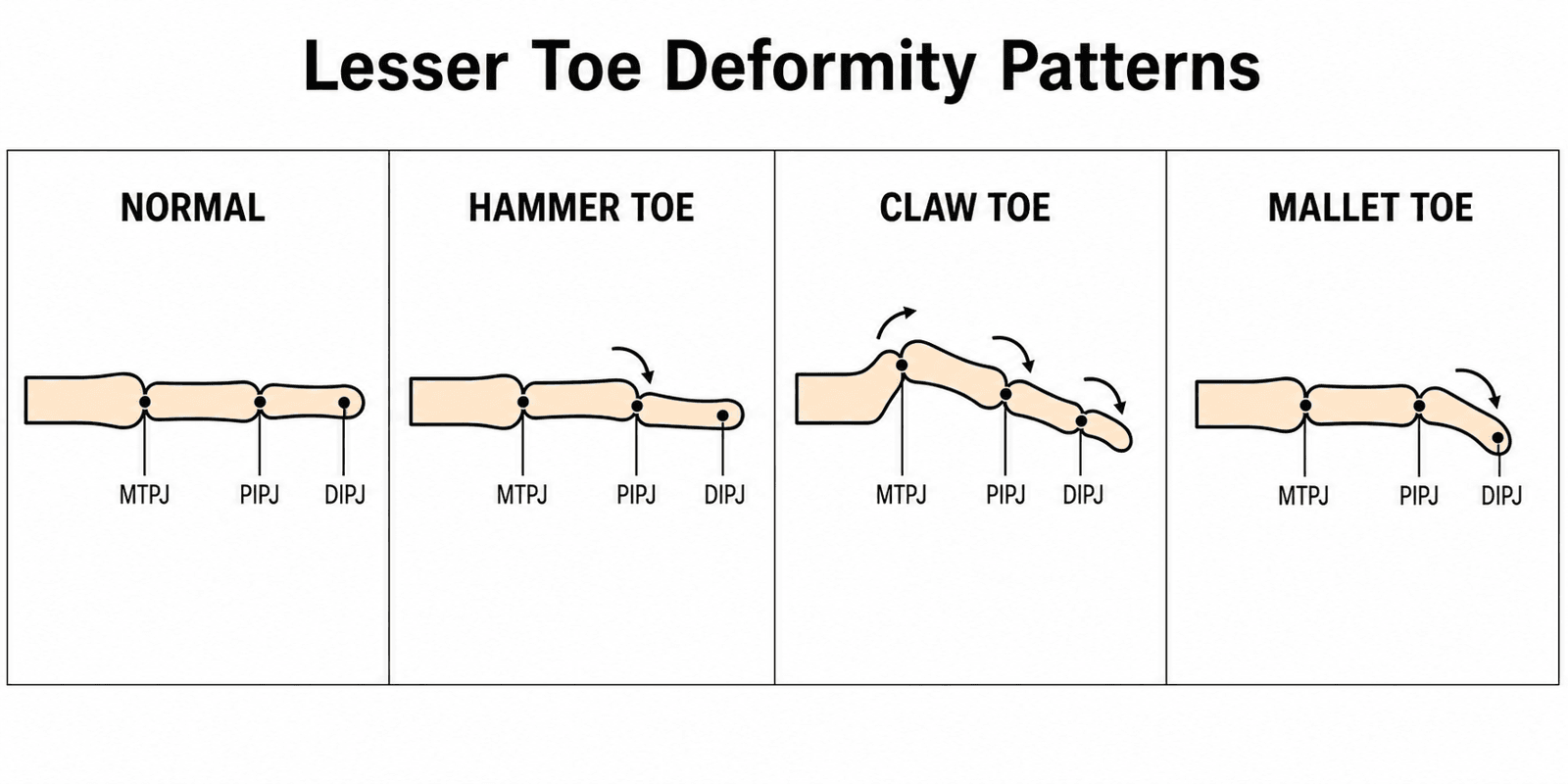 Lateral schematic comparing joint positions in normal, hammer, claw and mallet toe