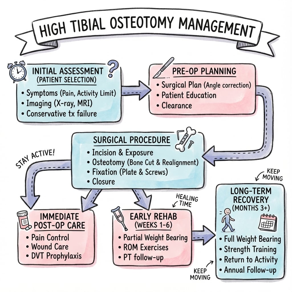 High tibial osteotomy treatment decision algorithm showing patient selection, varus severity assessment, and technique selection