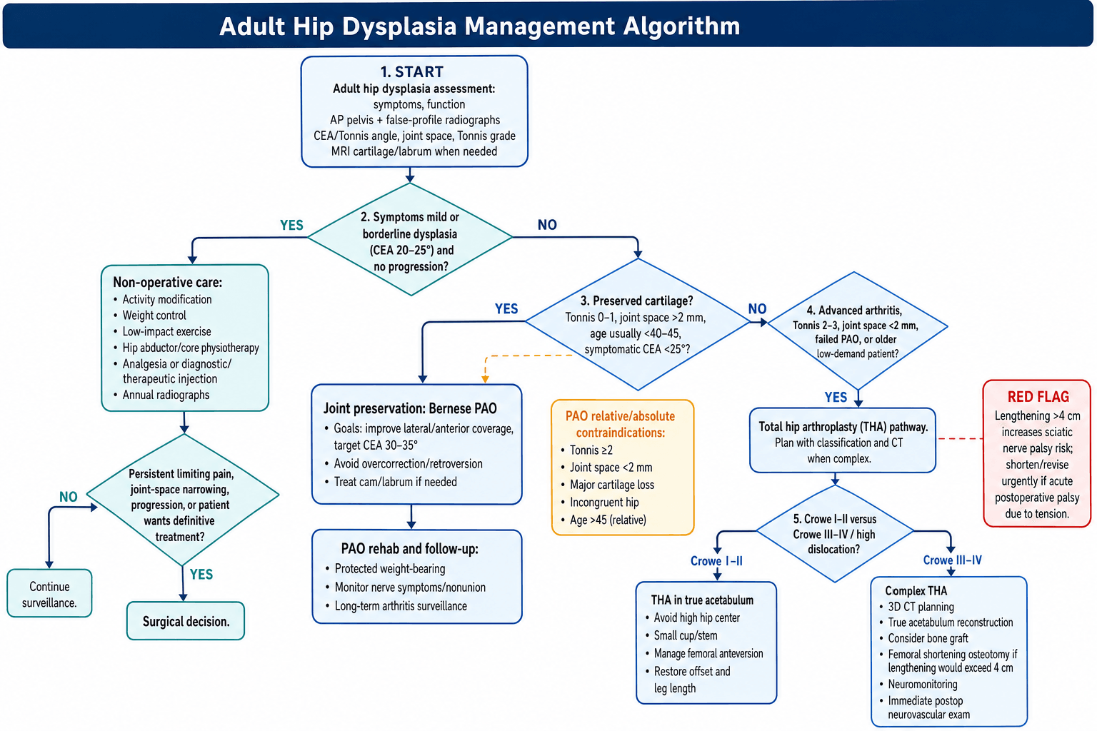 Flowchart: management algorithm for adult hip dysplasia.