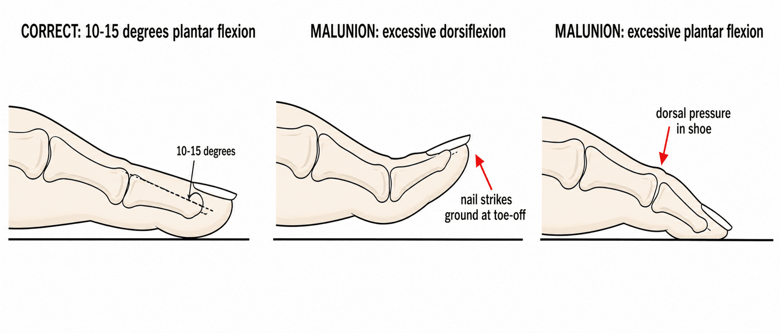 Lateral schematic comparing correct hallux IPJ fusion position against excessive-dorsiflexion and excessive-plantarflexion malunion