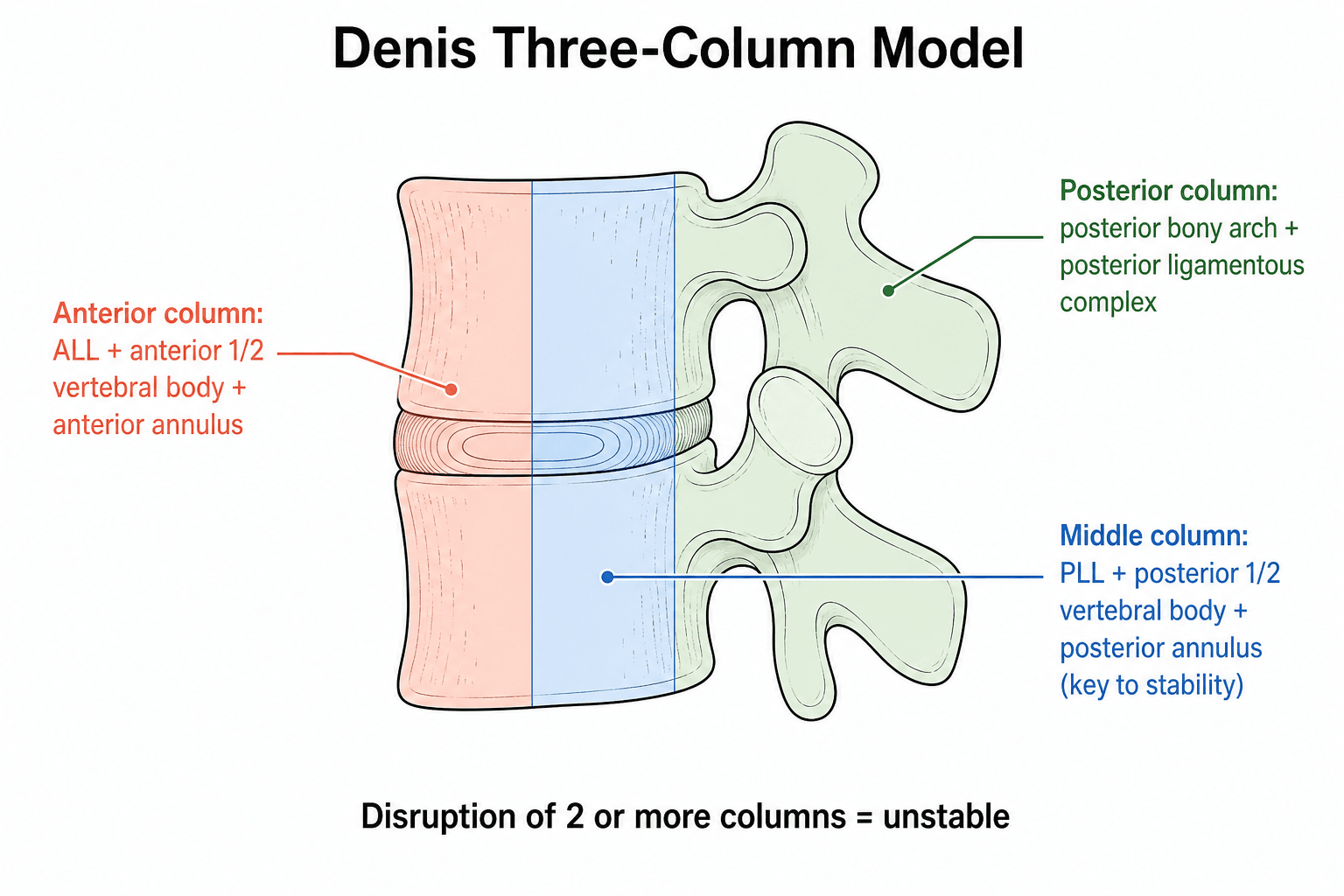 Lateral diagram of the Denis three-column model of the spine: anterior column, middle column, and posterior column.