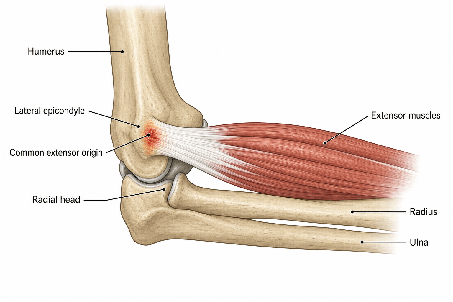 Labelled anatomy of the lateral elbow showing the common extensor origin on the lateral epicondyle, the site of tendinosis in lateral epicondylitis