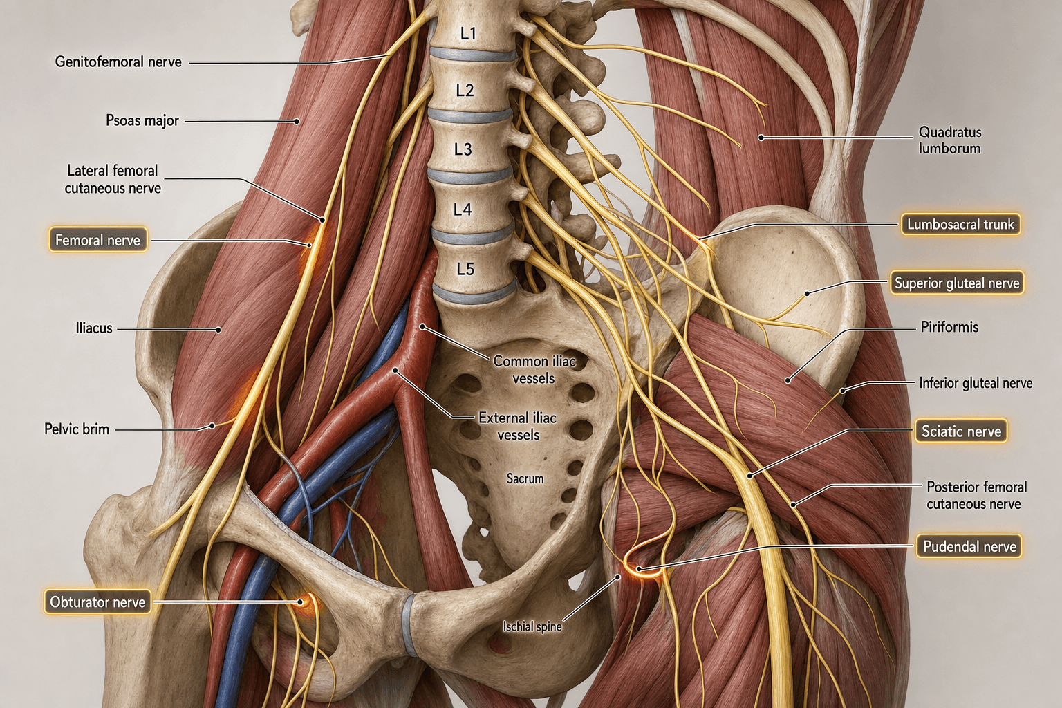 Anterior-view illustration of the lumbosacral plexus: the lumbar plexus within psoas major (genitofemoral, lateral femoral cutaneous, femoral, obturator), the lumbosacral trunk over the sacral ala, and the sacral plexus on piriformis (gluteal, sciatic, posterior femoral cutaneous, pudendal)