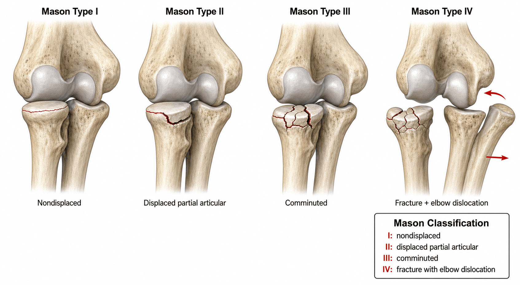 Mason classification of radial head fractures: I nondisplaced, II displaced partial articular, III comminuted, IV fracture + elbow dislocation