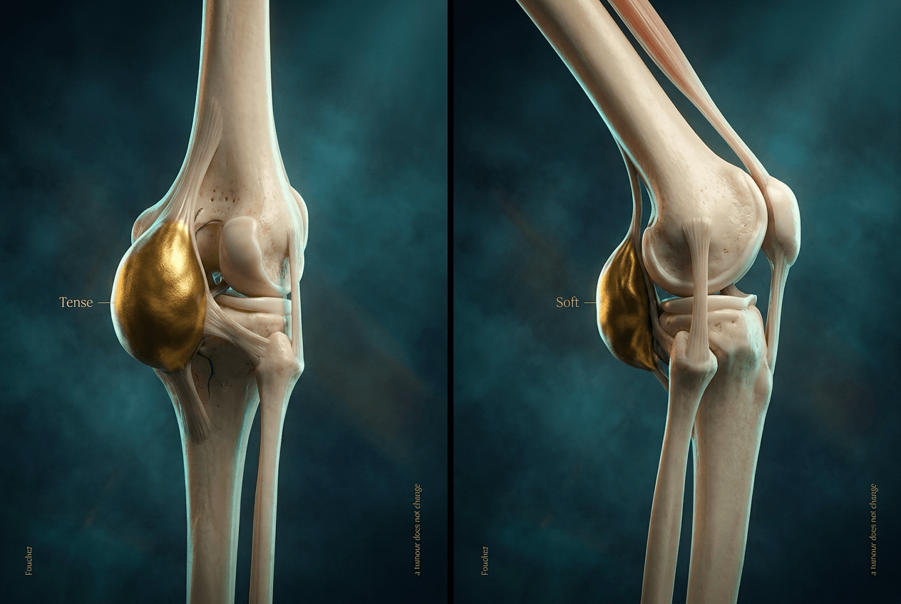 Two ivory knees from behind: a tense Baker cyst in full extension and a collapsed cyst at forty-five degrees of flexion.