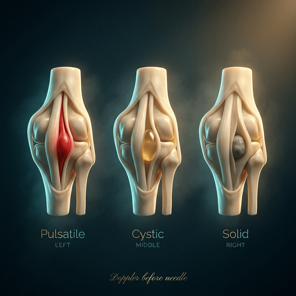 Three ivory popliteal fossae labelled Pulsatile, Cystic and Solid.