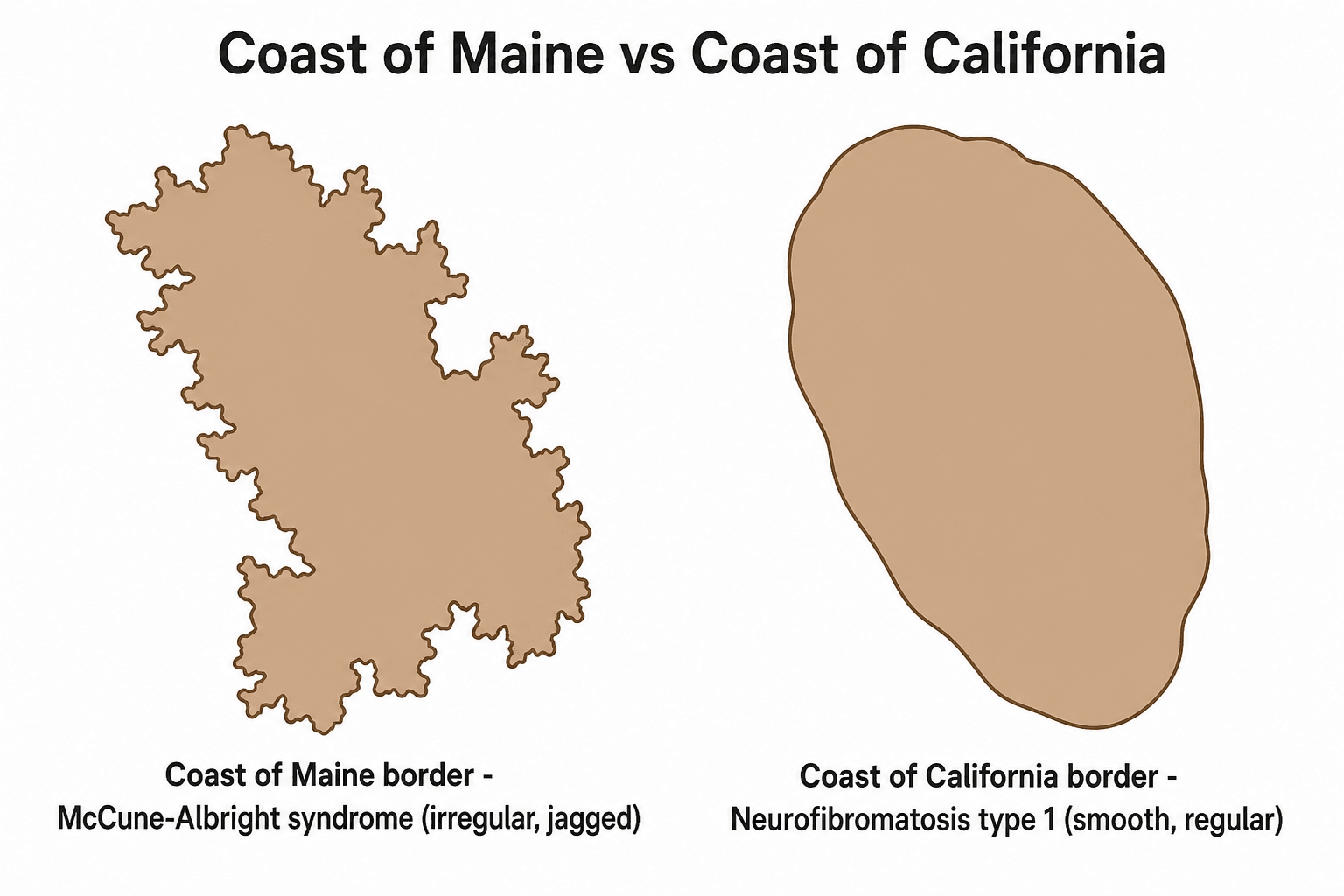 Diagram comparing the irregular Coast of Maine cafe-au-lait border of McCune-Albright syndrome with the smooth Coast of California border of neurofibromatosis type 1