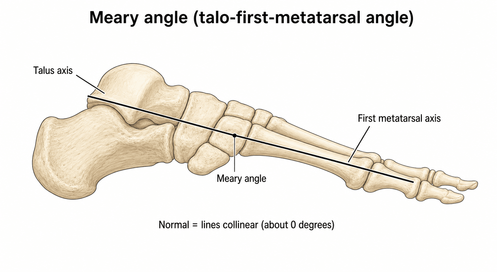 Diagram of the Meary angle: the long axis of the talus and the long axis of the first metatarsal drawn on a lateral foot, normally collinear.