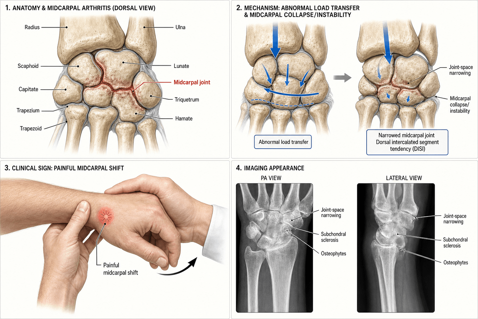 Four-panel diagram of midcarpal arthritis: carpal anatomy, abnormal load transfer and DISI collapse, the painful midcarpal shift sign, and PA/lateral radiographic appearance.