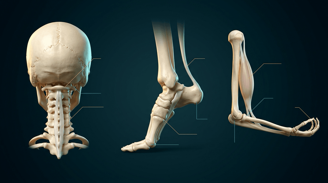 Three unlabelled anatomical panels: a skull and cervical spine seen from behind with the posterior neck muscles, a foot rising onto its toes with the Achilles tendon, and a flexed elbow with the biceps.