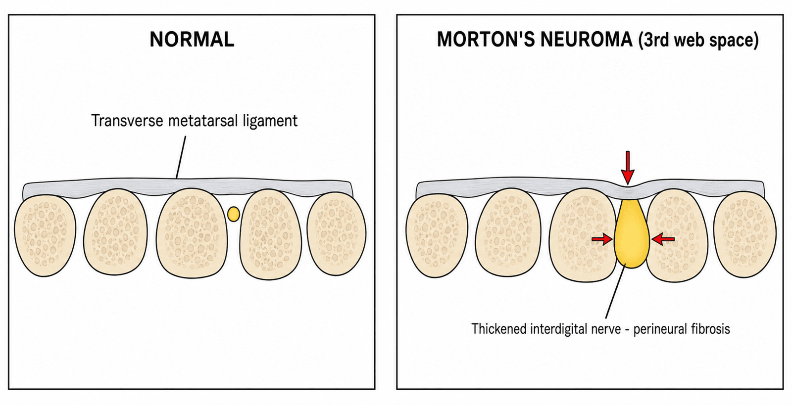 Coronal cross-section schematic of the forefoot comparing a normal interdigital nerve with a thickened Morton's neuroma in the 3rd web space