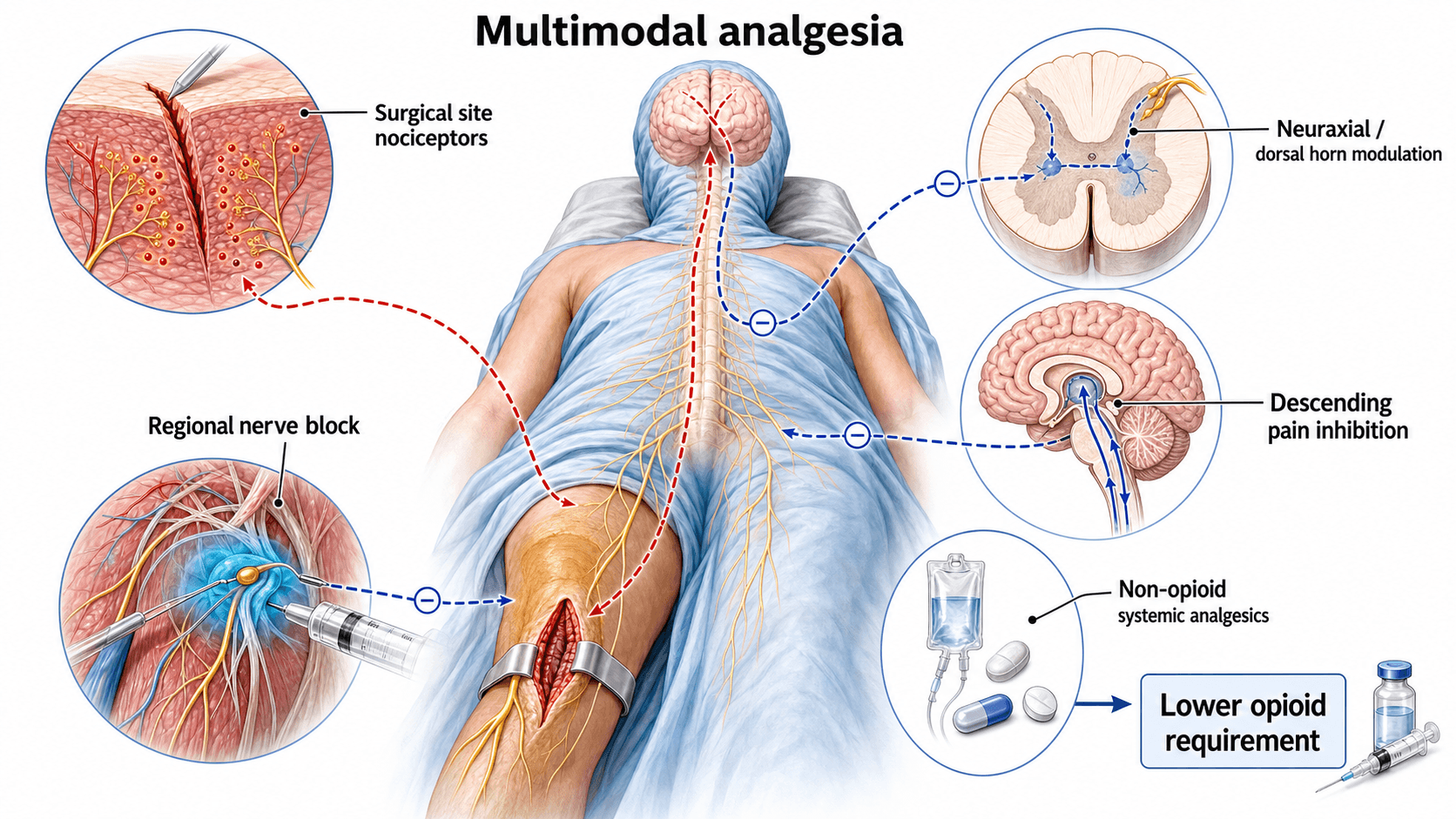 Diagram of multimodal analgesia acting at multiple points along the pain pathway.