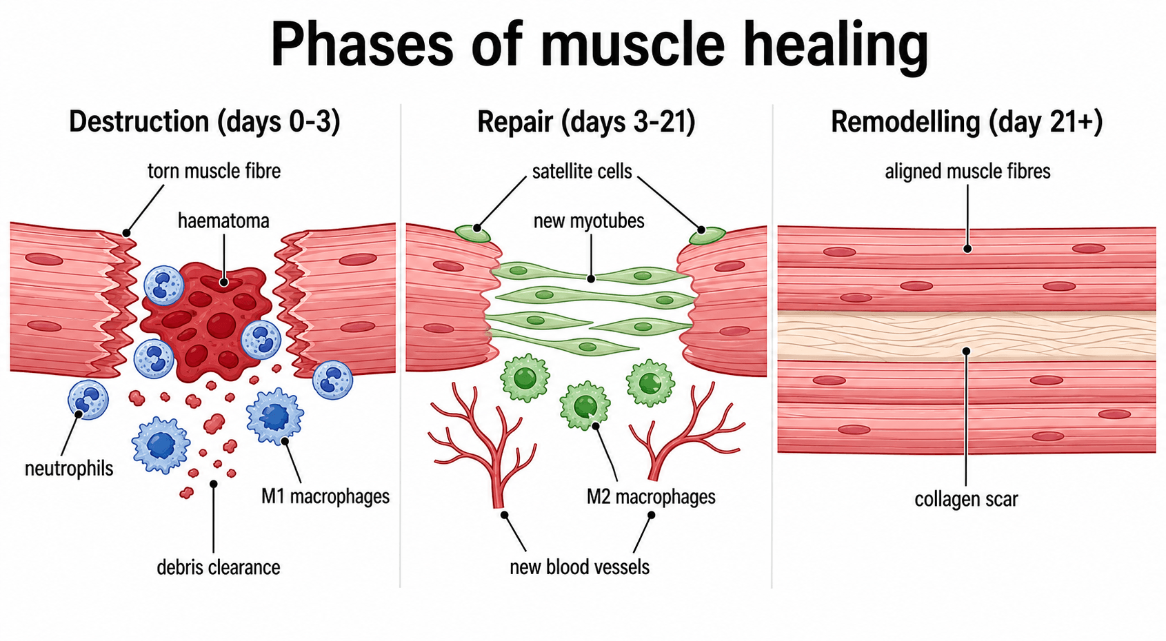 Three-panel schematic of the phases of skeletal muscle healing: destruction, repair and remodelling