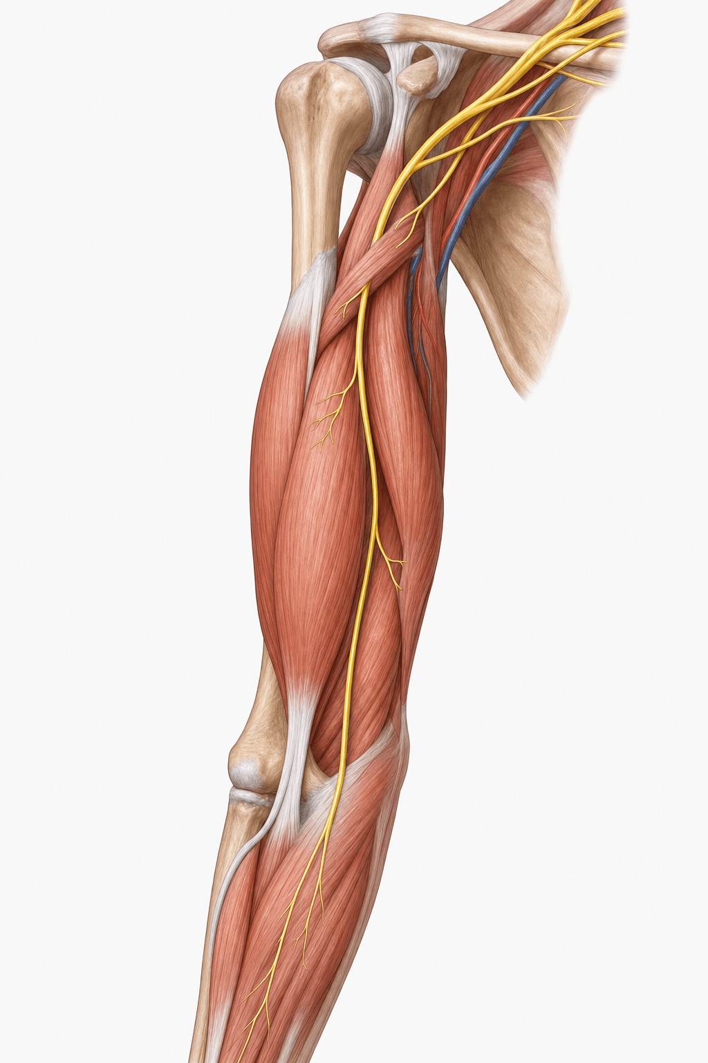 Anatomical illustration of the musculocutaneous nerve arising from the lateral cord, piercing coracobrachialis and supplying biceps and brachialis.