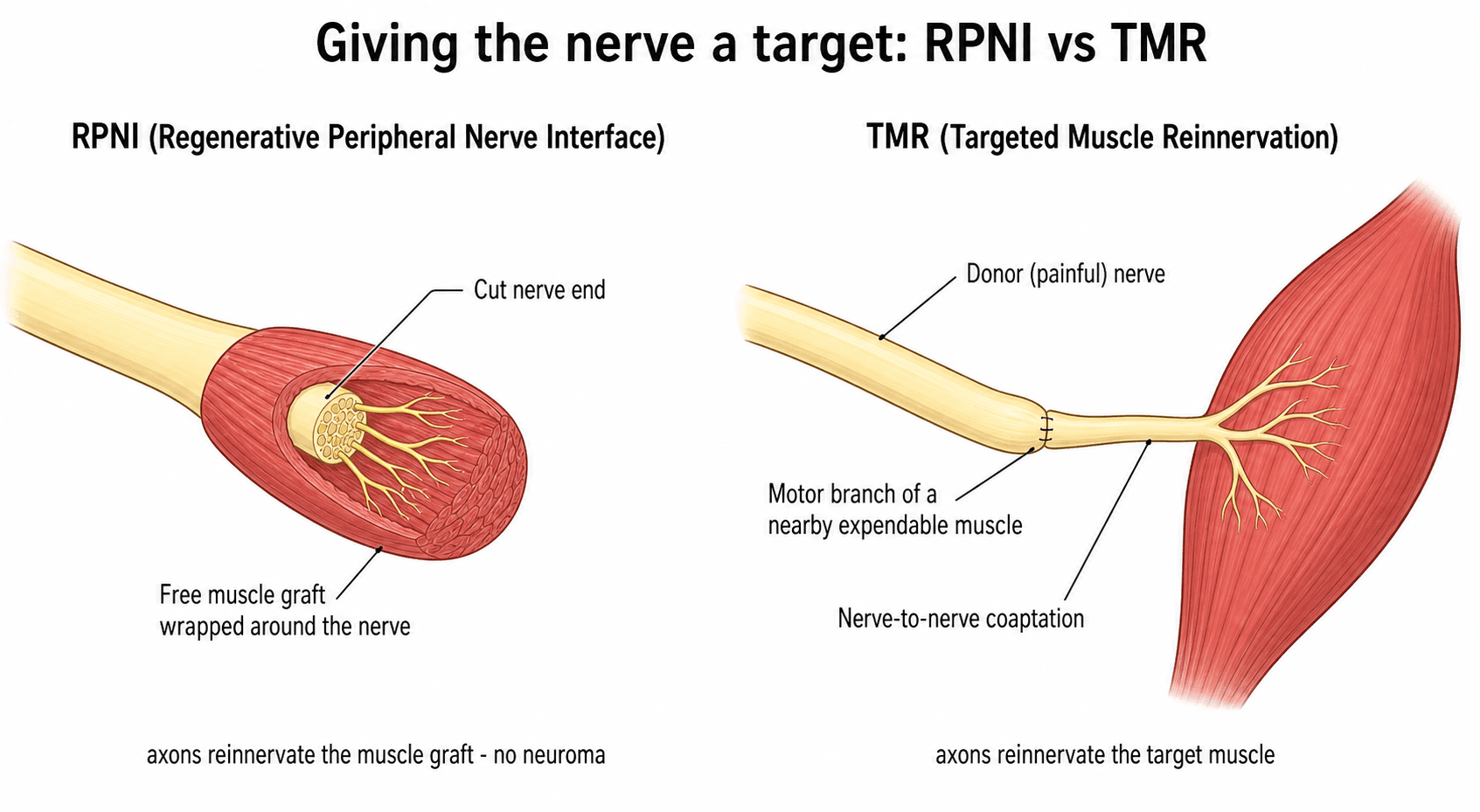 Surgical technique schematic: RPNI wraps the cut nerve end in a free muscle graft, while TMR coapts the donor nerve to a motor branch of a nearby expendable muscle