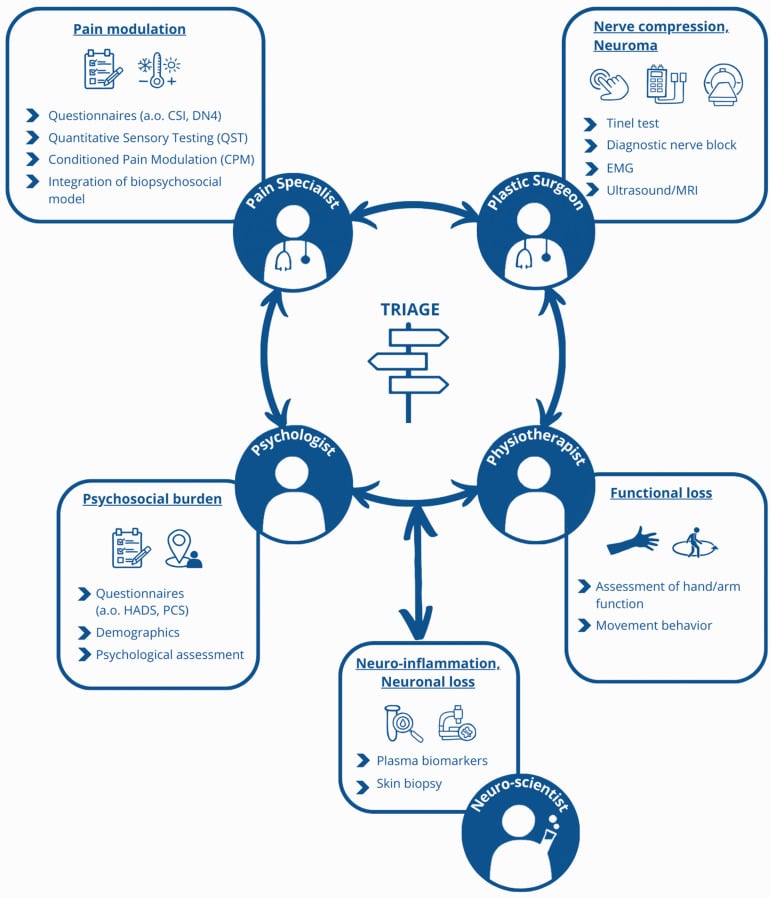 Multidisciplinary triage diagram linking nerve surgery, pain medicine, psychology, physiotherapy and neuroscience for focal neuropathic pain.