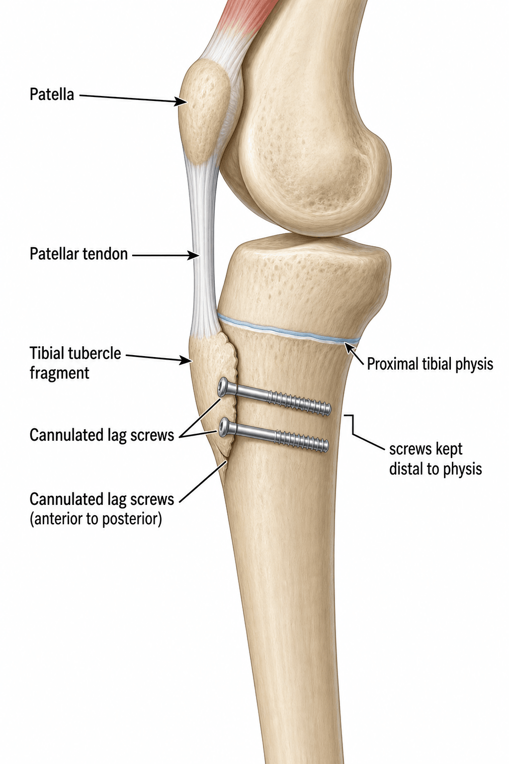 Lateral schematic of a proximal tibia after ORIF of a tibial tubercle avulsion: two cannulated lag screws anterior-to-posterior, kept distal to the physis, with the patellar tendon on the reduced fragment.