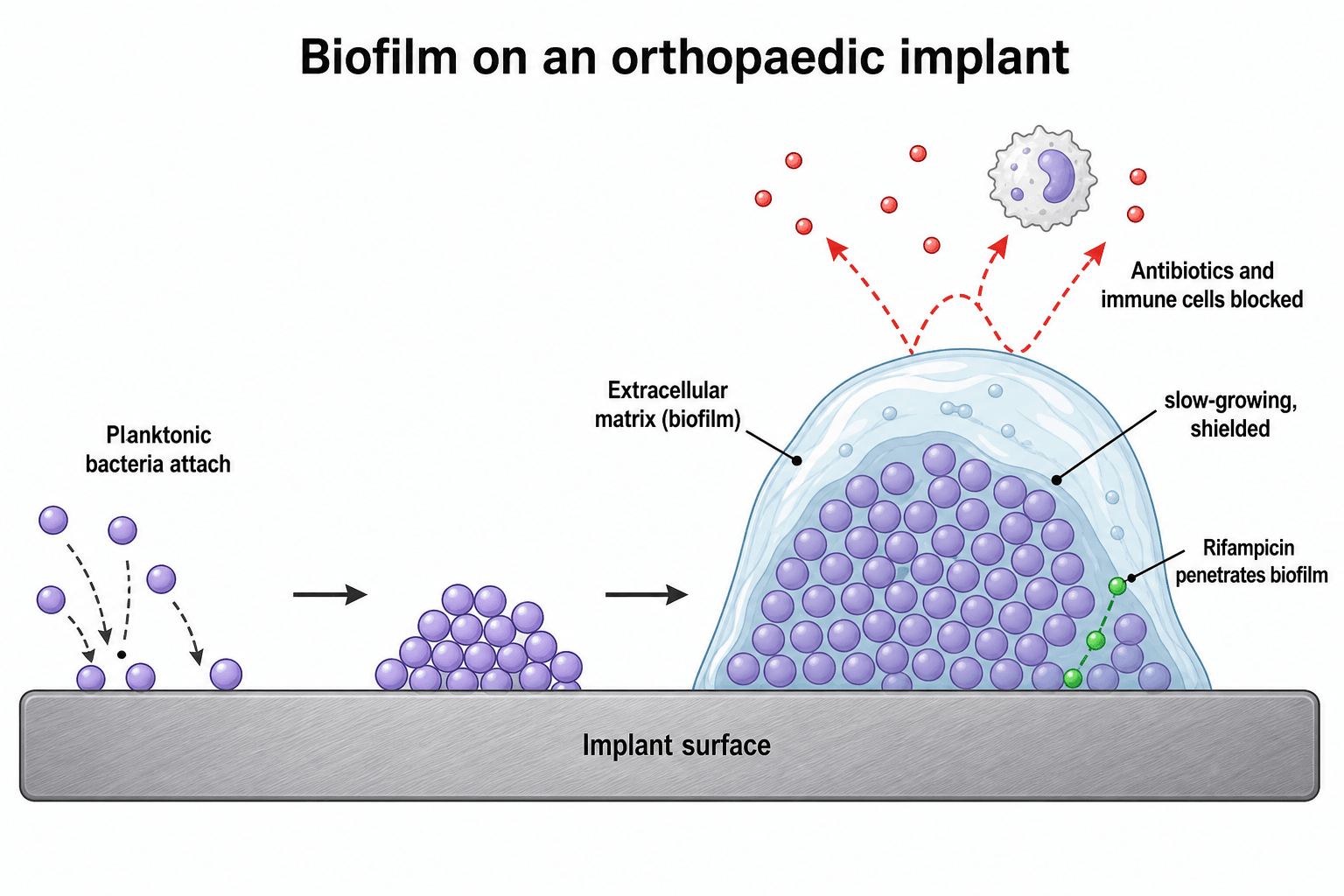 Schematic of biofilm forming on an implant surface: planktonic bacteria attach, build an extracellular matrix dome, shielding slow-growing bacteria from antibiotics and immune cells, with rifampicin penetrating.