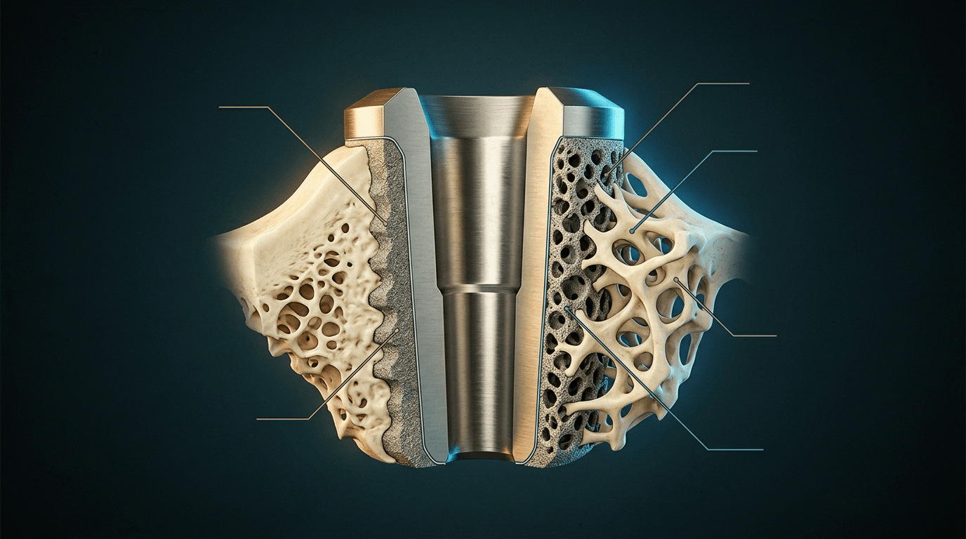 Cutaway of an implant seated in bone, with bone apposed to a roughened surface on one side and trabecular bone grown into a porous surface layer on the other.