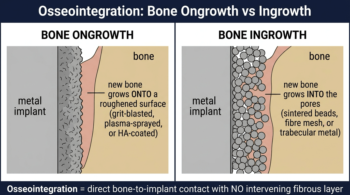 Schematic comparing bone ongrowth onto a roughened implant surface versus bone ingrowth into a porous implant surface