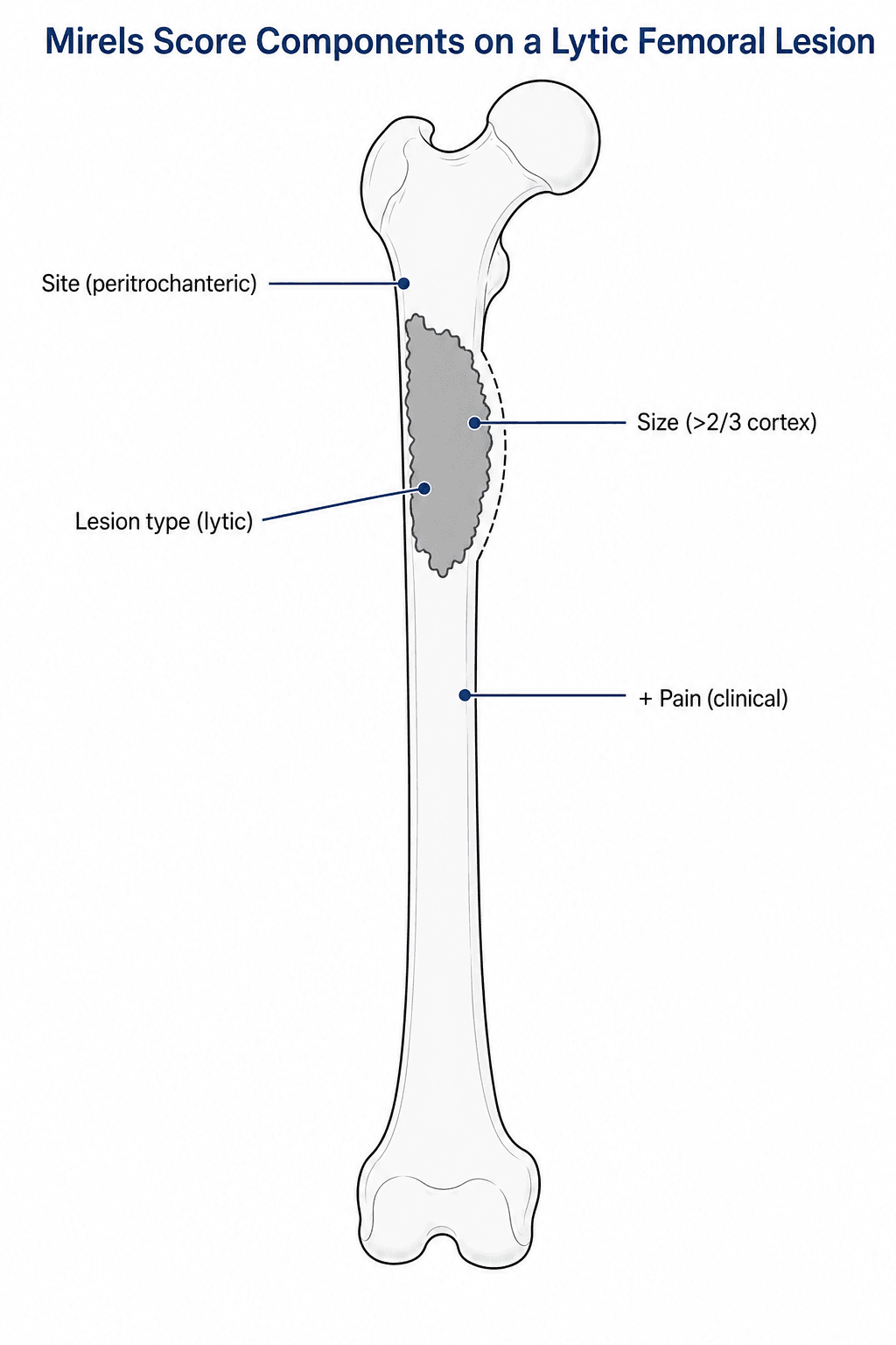 Schematic of the four Mirels' score components on a peritrochanteric lytic femoral lesion