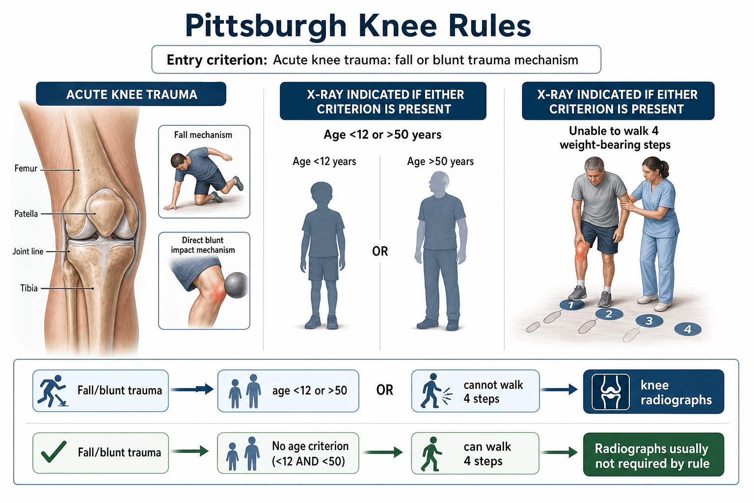 Pittsburgh Knee Rules flow: blunt trauma/fall entry, then age under 12 or over 50, or inability to walk four steps triggers radiographs