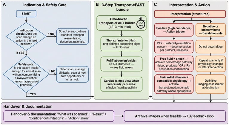 Safety-gated eFAST workflow: indication and safety gate, a time-boxed three-step scanning bundle, then interpretation and action