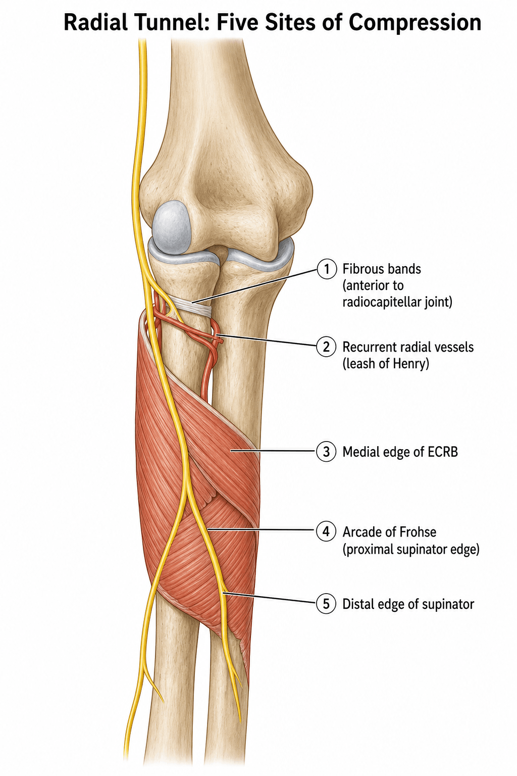 Anterior diagram of the radial tunnel showing the five sites where the posterior interosseous nerve can be compressed.
