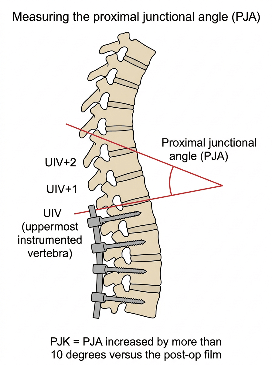 Line diagram showing how the proximal junctional angle is measured between the inferior endplate of the UIV and the superior endplate of UIV+2