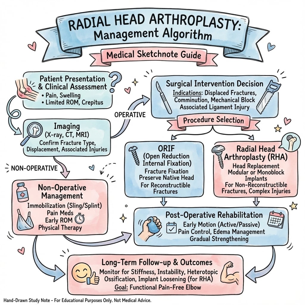 Radial head arthroplasty treatment decision algorithm showing Mason classification, terrible triad management, and sizing principles