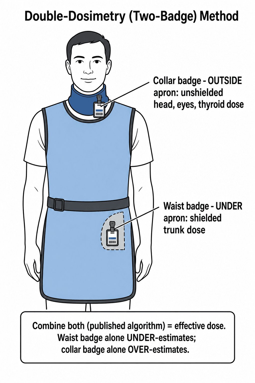 Diagram of the double-dosimetry method: a collar badge worn outside the lead apron and a waist badge worn under the apron, combined to estimate effective dose.