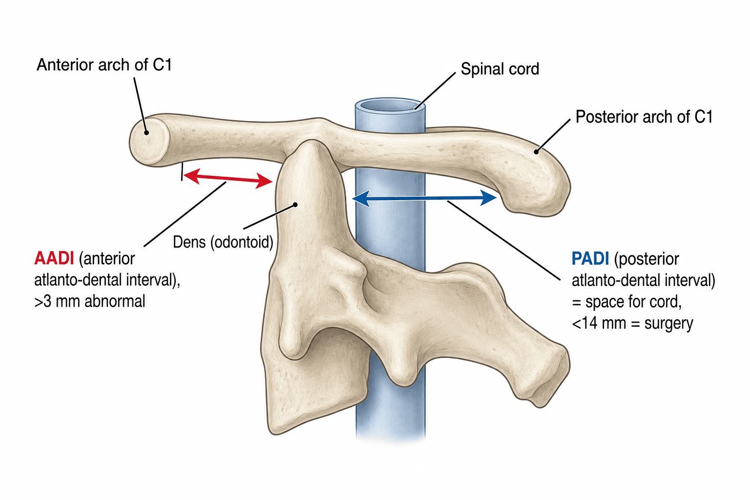 Lateral C1-C2 schematic showing the AADI measured in front of the dens and the PADI measured behind the dens as the space available for the spinal cord.
