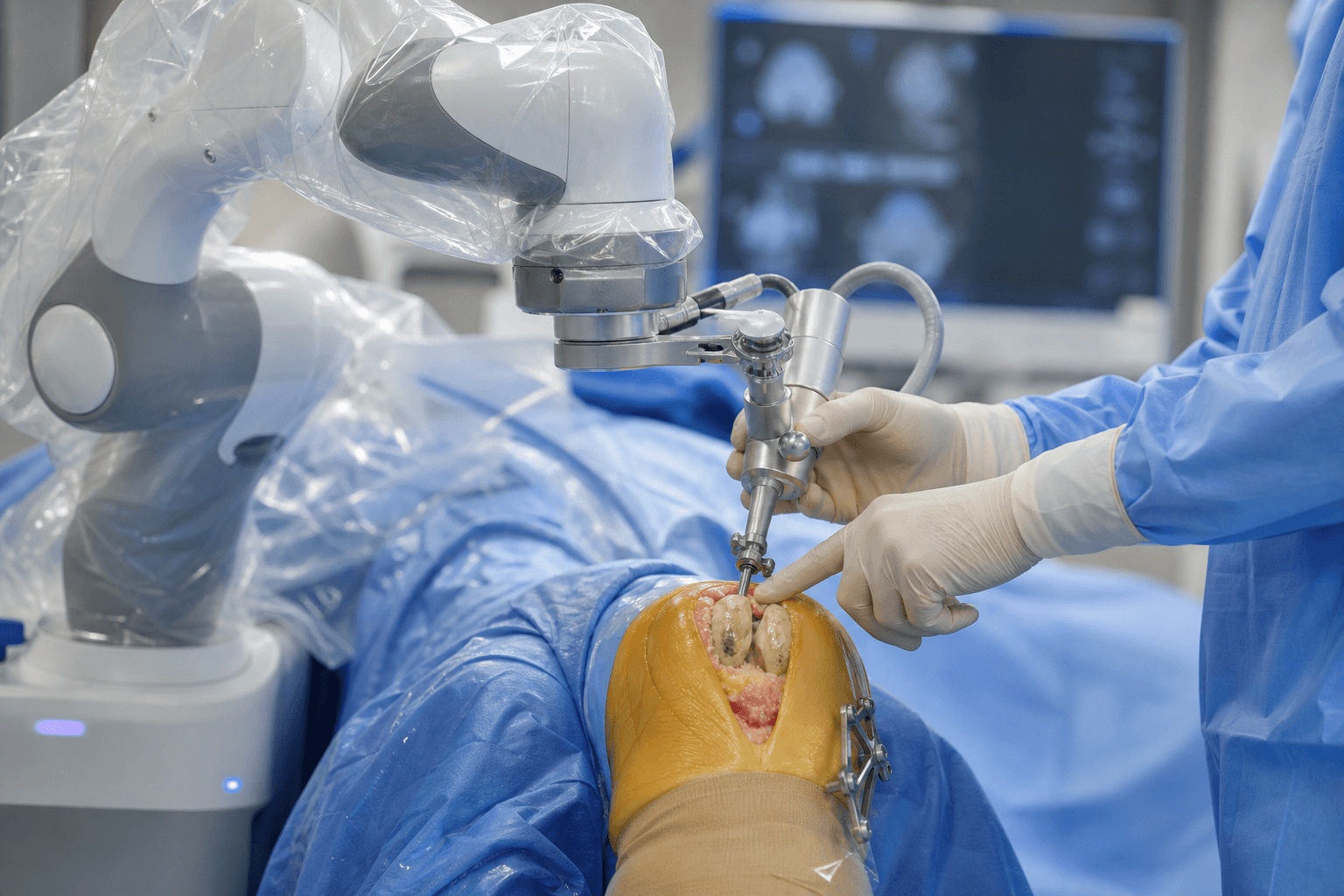 A semi-active robotic surgical arm holding a surgeon-guided handpiece over a draped knee, with a navigation monitor blurred in the background.