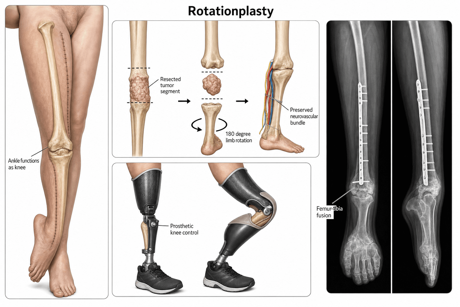 Four-part illustration of rotationplasty: the reconstructed limb with the rotated ankle acting as a knee, the resection-and-rotation principle with preserved neurovascular bundle, the below-knee prosthesis driven by the rotated ankle, and post-operative radiographs of the femur-to-tibia fusion.