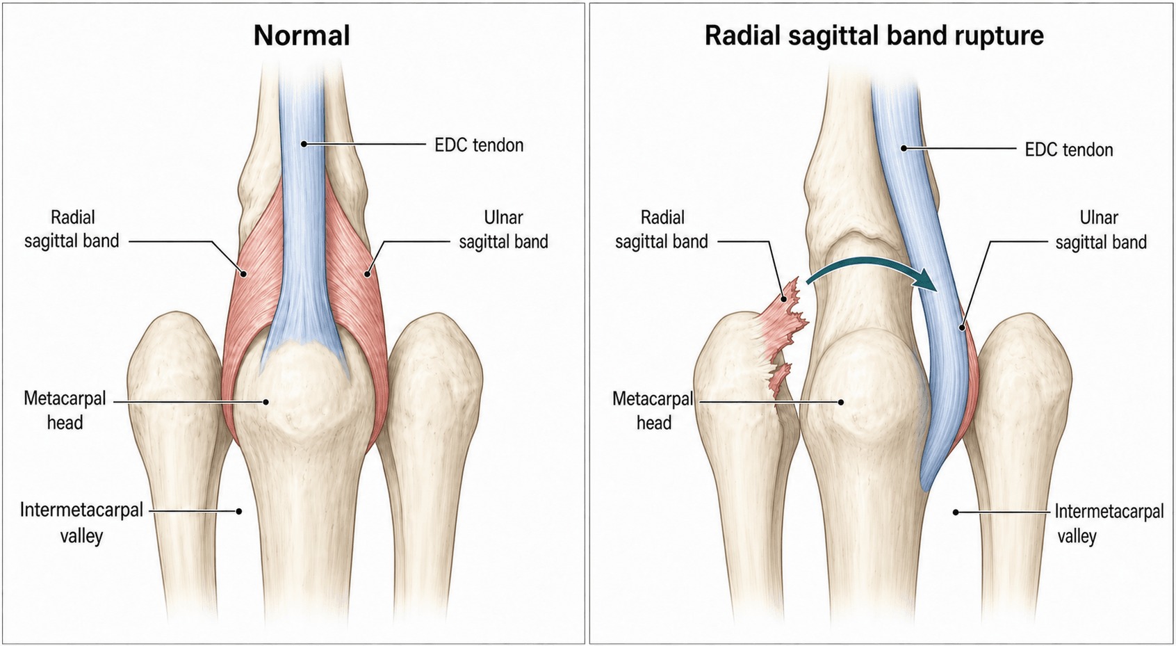 Dorsal view of the MCP joint comparing normal sagittal band anatomy with the mechanism of ulnar EDC subluxation following radial sagittal band rupture