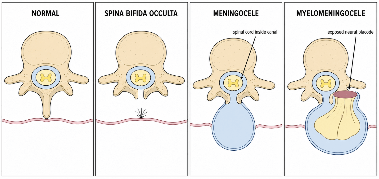 Schematic cross-sections comparing normal spine, spina bifida occulta, meningocele, and myelomeningocele