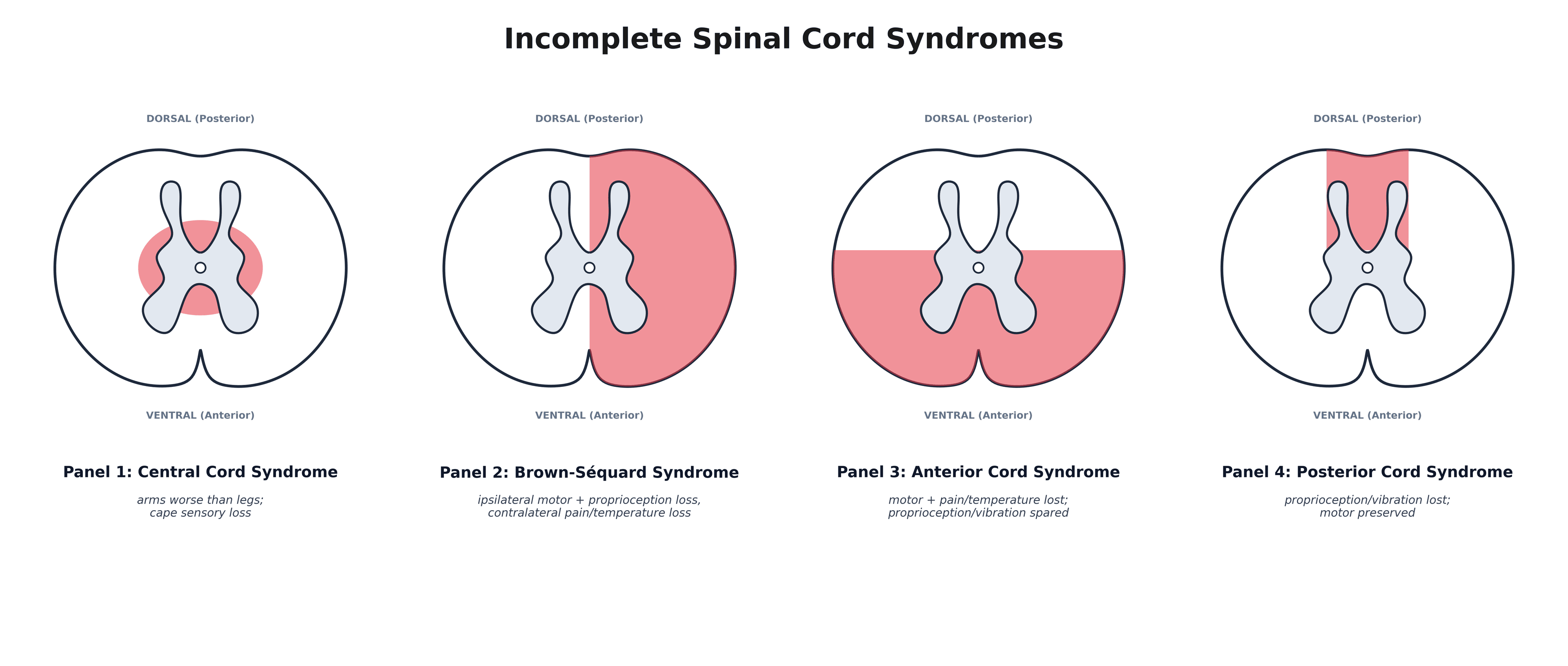 Cross-sectional diagram of the four incomplete spinal cord syndromes showing the damaged region of the cord in each