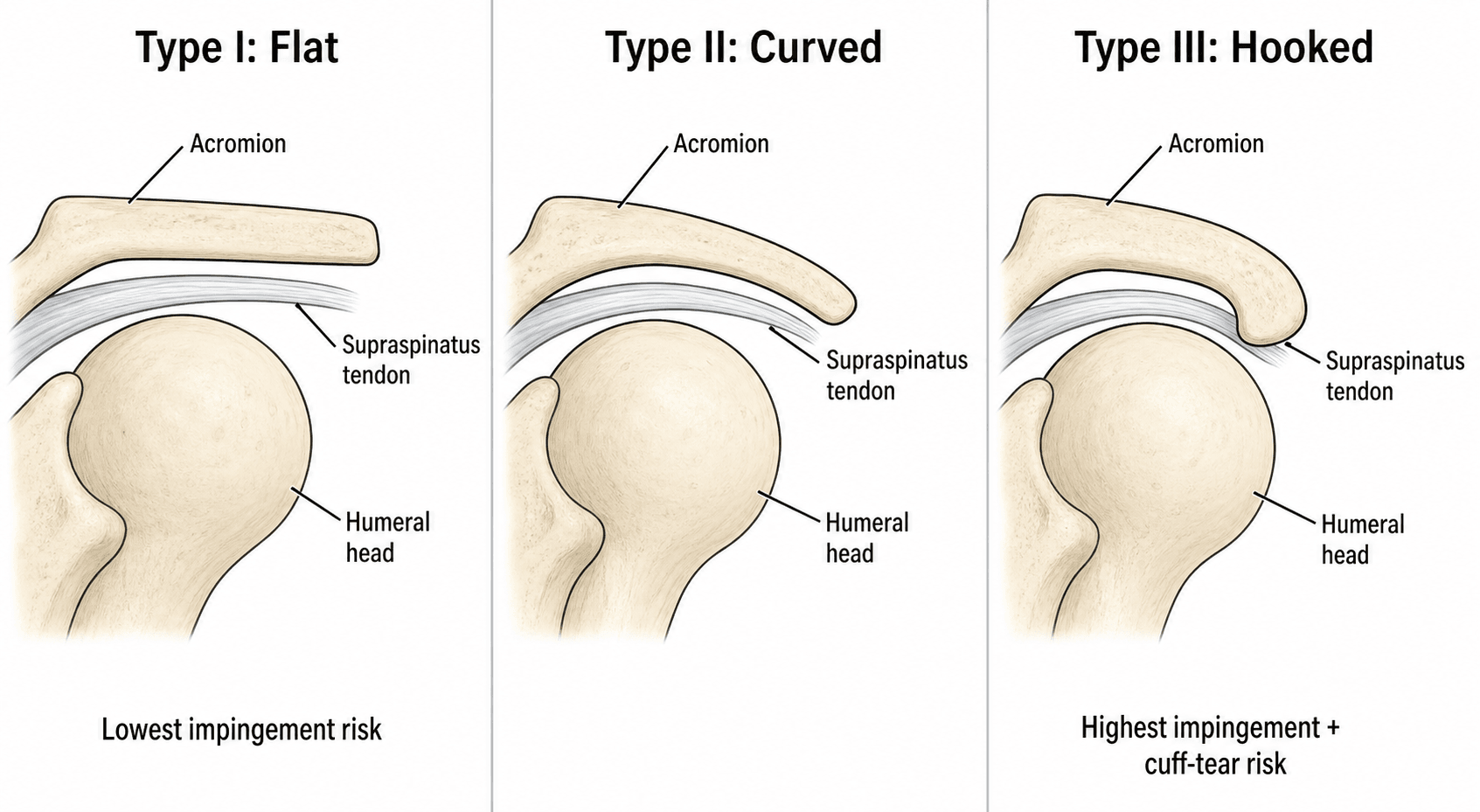 Diagram of the Bigliani acromion types I flat, II curved and III hooked.