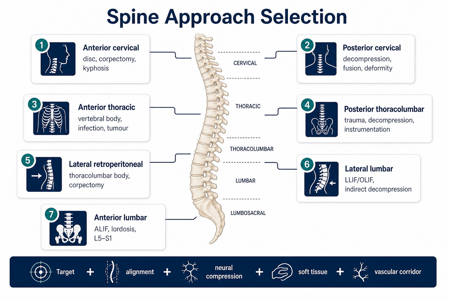 Spine approach selection map by region and operative target