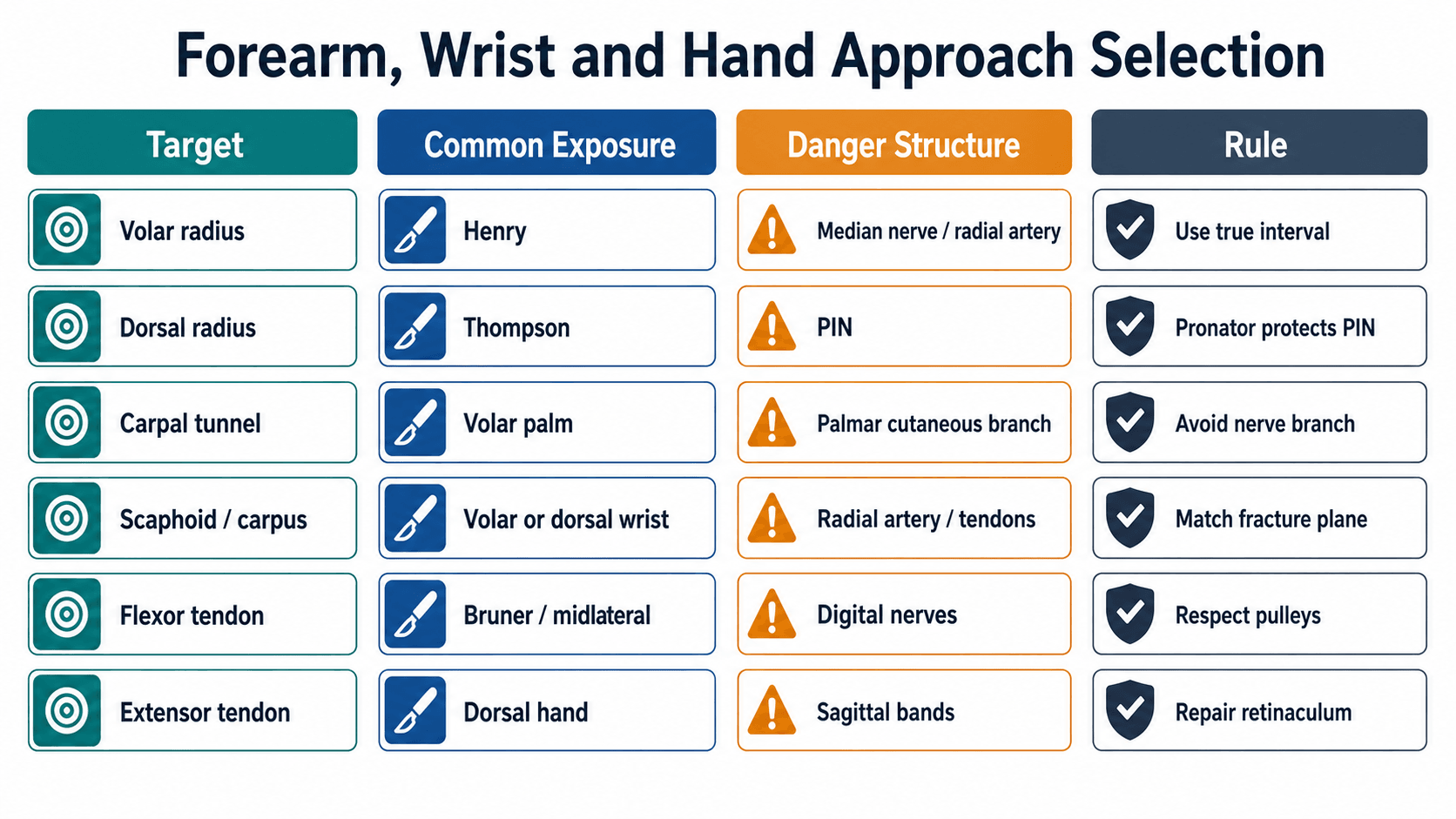 Forearm wrist and hand approach selection matrix